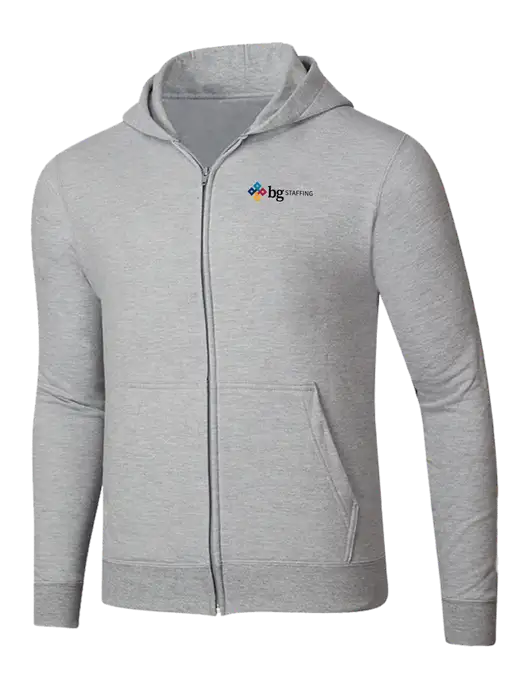 Light Grey Heather 8.5 oz Ring Spun Zip Hooded Sweatshirt w/BG Staffing Logo