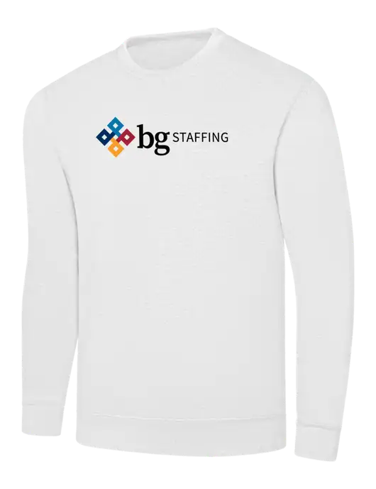 White 7.8 oz Ring Spun Crew Sweatshirt w/BG Staffing Logo