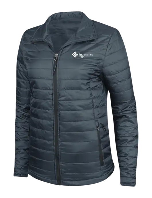 Navy Womens Puffy Packable Jacket w/BG Staffing Logo