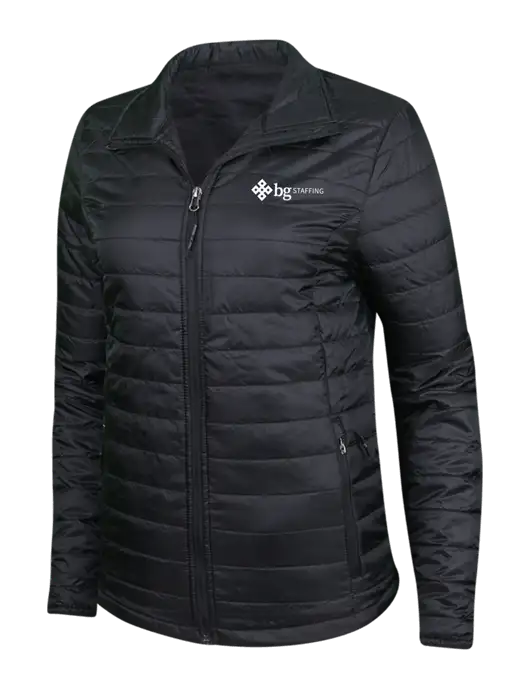 Womens Black Puffy Packable Jacket w/BG Staffing Logo