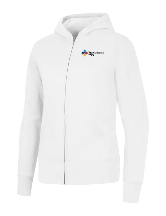 White Womens Core Fleece Full-Zip Hooded Sweatshirt w/BG Staffing Logo