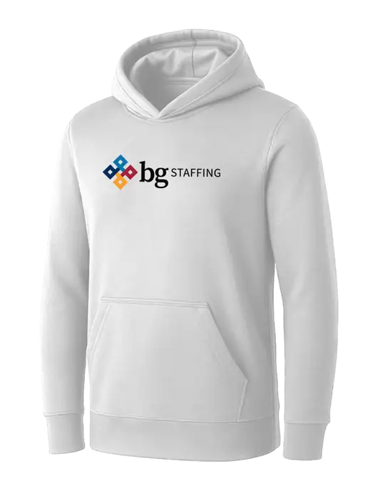 Womens White Core Fleece Pullover Hooded Sweatshirt w/BG Staffing Logo