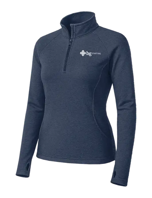 Navy Heather Womens Sport Wick Stretch 1/4 Zip Pullover w/BG Staffing Logo