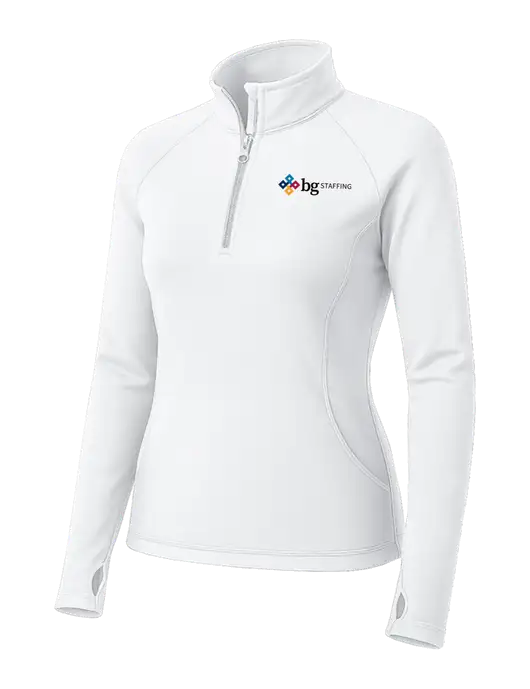 White Womens Sport Wick Stretch 1/4 Zip Pullover w/BG Staffing Logo