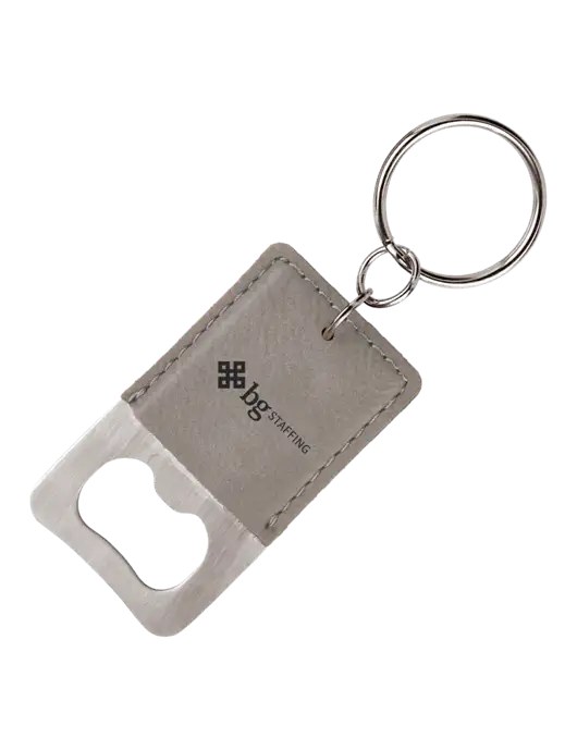Grey Leatherette Rectangle Bottle Opener Keychain w/BG Staffing Logo