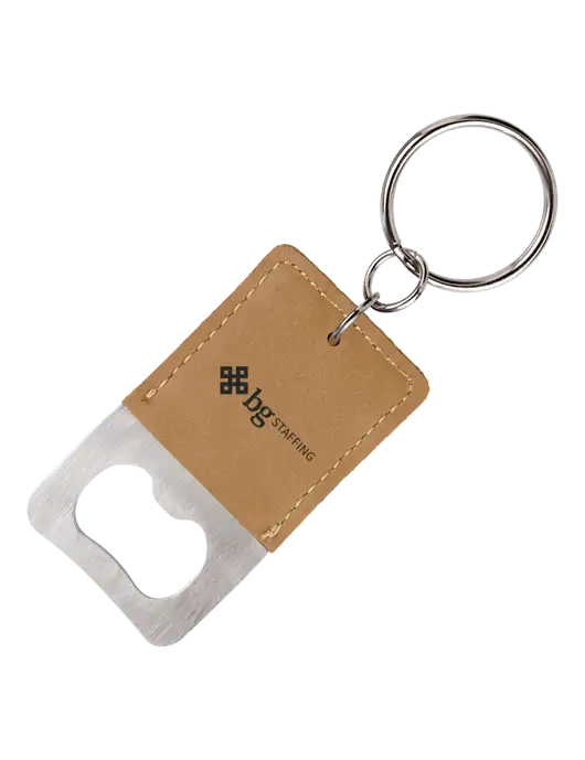 Tan Leatherette Rectangle Bottle Opener Keychain w/BG Staffing Logo