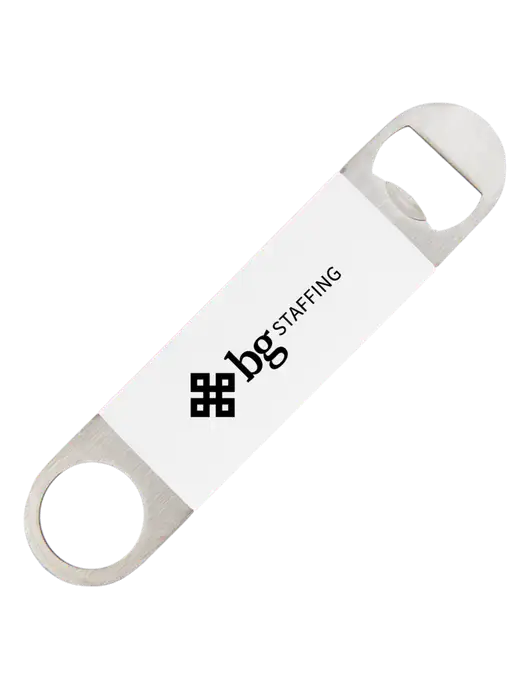 White Bottle Opener with Silicone Grip w/BG Staffing Logo