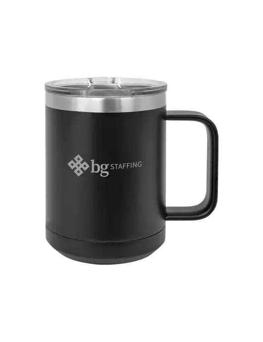 Polar Camel 15 oz Powder Coated Black Vacuum Insulated Mug with Slider Lid w/BG Staffing Logo