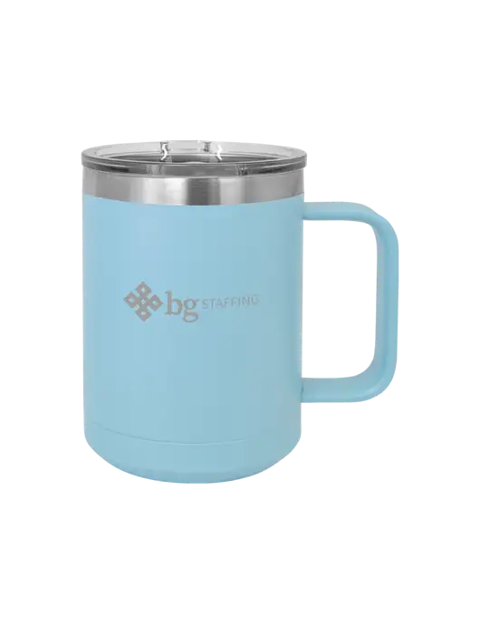 Polar Camel 15 oz Powder Coated Light Blue Vacuum Insulated Mug with Slider Lid w/BG Staffing Logo