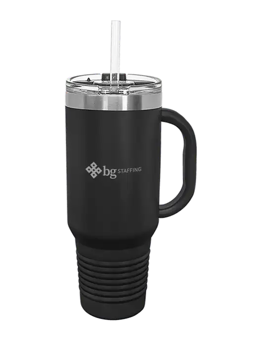 Polar Camel 40 oz. Powder Coated Vacuum Insulated Black Travel Mug with Straw w/BG Staffing Logo