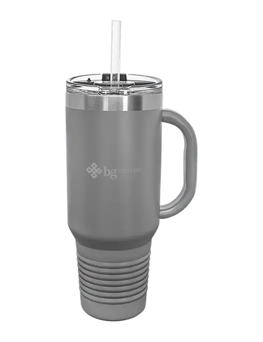 Polar Camel 40 oz. Powder Coated Vacuum Insulated Grey Travel Mug with Straw w/BG Staffing Logo