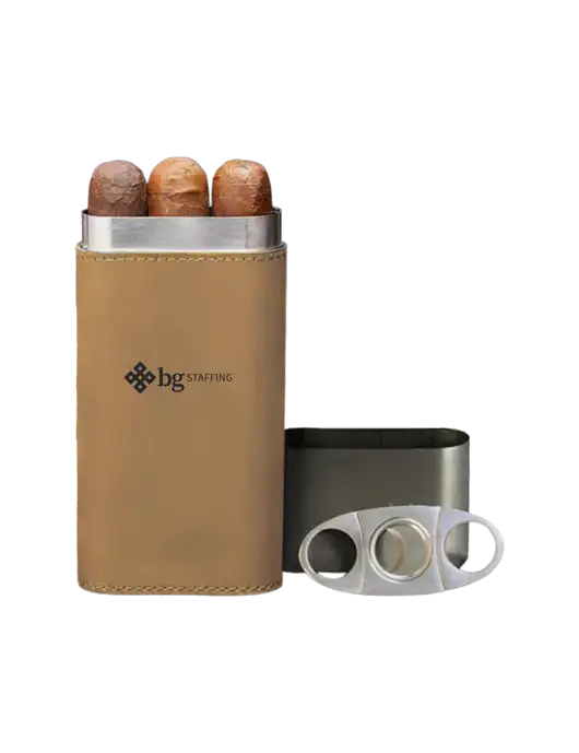 Tan Leatherette Cigar Case with Cutter w/BG Staffing Logo