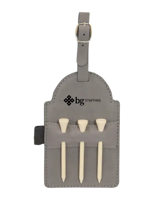 Grey Leatherette Golf Bag Tag with 3 Wooden Tees w/BG Staffing Logo