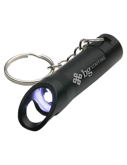 Black Pocket LED Flashlight with Bottle Opener & Keychain w/BG Staffing Logo
