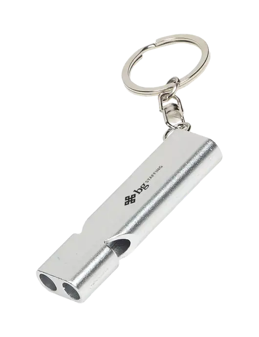 Quick Alert Silver Safety Whistle w/BG Staffing Logo